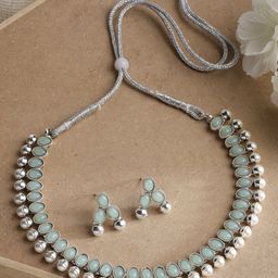 ZENEME Oxidised Silver-Plated Stones & Pearls Studded Jewellery Set-picture-29