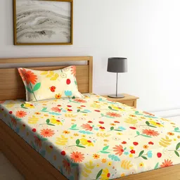KLOTTHE Cream-Coloured & Yellow Floral 210 TC Single Bedsheet with 1 Pillow Covers-image-29
