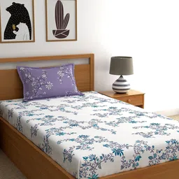 Home Ecstasy White & Blue Floral 140 TC Cotton 1 Single Bedsheet with 1 Pillow Covers-picture-13