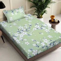 KLOTTHE Green & White Floral Printed 400 TC Pure Cotton Single Bedsheet & Pillow Cover-image-17