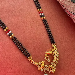 Digital Dress Room Gold-Plated Black & White Beaded & Stone-Studded V-Alphabet Mangalsutra-image-85