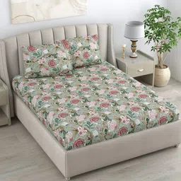 DREAM WEAVERZ Green & Pink 220 TC Cotton Double Queen Bedsheet with 2 Pillow Covers-image-20