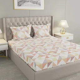 Raymond Home White Geometric Pure Cotton104 TC Queen Bedsheet with 2 Pillow Covers-image-92