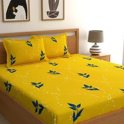 Home Ecstasy Yellow & Blue Floral 140 TC Cotton 1 King Bedsheet with 2 Pillow Covers-picture-35
