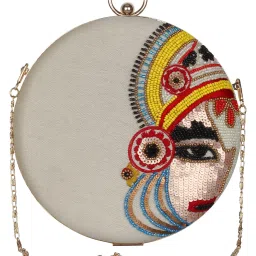 Anekaant Kathak Embroidered White & Multi Faux Silk Round Clutch image 1