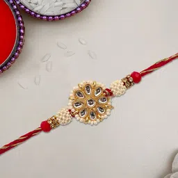 STYBUZZ Kundan studded pearl Rakhi Combo with Greeting Card and Roli Chawal (1 Rakhi) image 5