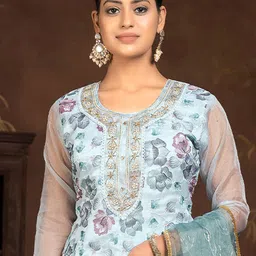 MANVAA Floral Embellished Beads And Stones Organza Unstitched Dress Material image 5