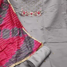 KALINI Grey & Red Unstitched Dress Material image 5