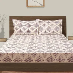 SWAYAM Purple & Cream Printed Cotton 160 TC Fitted King Bedsheet with 2 Pillow Covers image 2