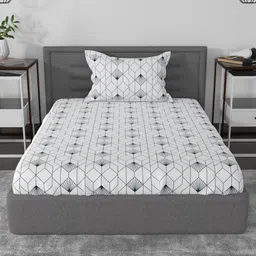 ROSARA HOME Navy Blue & White Geometric 144 TC Single Bedsheet with 1 Pillow Cover image 2