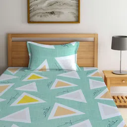 KLOTTHE Green & Yellow Geometric 300 TC Single Bedsheet with 1 Pillow Cover image 3