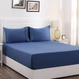 Blue Solid 300 TC 100% Cotton Single Bed Sized Bed Sheets With 1 Pillow Cover by Maspar image 1