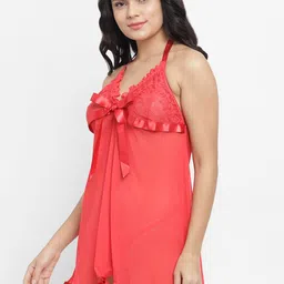 N-Gal Red Self Design Sheer Lace Baby Doll image 5