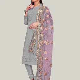 MANVAA Ethnic Motifs Embroidered Thread Work Chanderi Cotton Unstitched Dress Material image 2