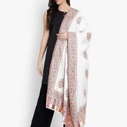 Mizash Women Cream-Coloured & Pink Woven Woolen Shawl image 3