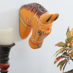 Orange Colour Horse Sclupture Mango Wood Wall Mask-image-43