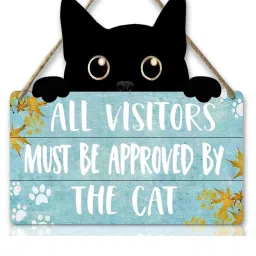 ecraftindia All Visitors Must Be Approved By The Cat Wooden Door Wall Hanging Decor image 3