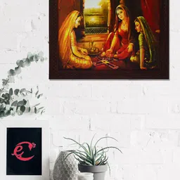 eCraftIndia Yellow & Red Women Playing Game Satin Matt Texture UV Wall Art image 1