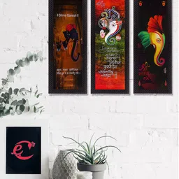 eCraftIndia Set Of 3 Red & Green Lord Ganesha Satin Matt Texture UV Wall Art image 1