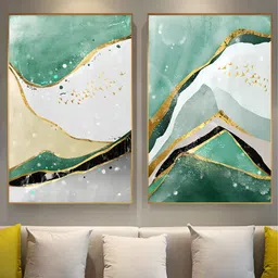 THE HANDMADE FLAIR White & Green 2 Pieces Abstract Marble Wooden Wall Art-image-89