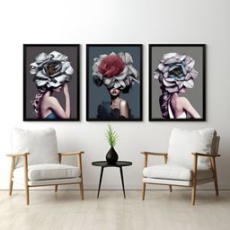 RANDOM Grey & Beige 3 Piece Synthetic Wood Floral and Botanical Wall Paintings-picture-13