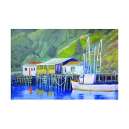 Inephos Blue & Green Canvas Lake Houses Painting Wall Arts-picture-11