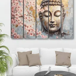 SAF Pink & Grey 5 Pieces Buddha religious Synthetic Wood Religious Wall Paintings-picture-11