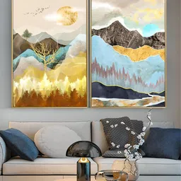 THE HANDMADE FLAIR Blue & Yellow 2 Pieces Abstract Printed Wooden Wall Art-picture-40