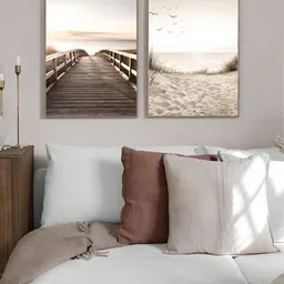 THE HANDMADE FLAIR Beige 2 Piece Beach Sunset Natural Landscapes Wood Painting Wall Art-image-79