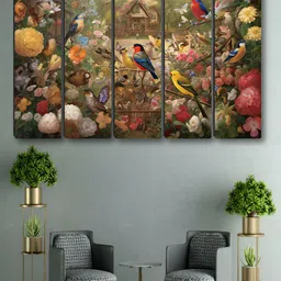 SAF Green & Red 5 Pieces Birds Sitting Plant Synthetic Wood Wall Paintings-picture-34