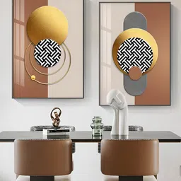 THE HANDMADE FLAIR Gold Toned & Beige 2 Pieces Abstract Wooden Paintings Wall Art-image-93