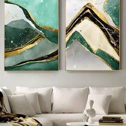 THE HANDMADE FLAIR Green & Cream 2 Pieces Wooden Abstract Painting Wall Arts-picture-11