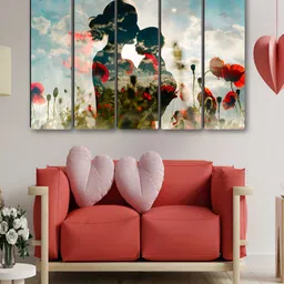 SAF Blue & White 5 Pieces Mother and Son Synthetic Wood Wall Paintings-image-24