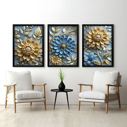 RANDOM Blue & Beige 3 Piece Synthetic Wood Floral and Botanical Wall Paintings-picture-12