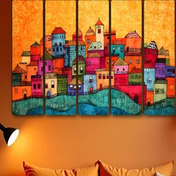 SAF Orange & Green 5 Pieces Vibrant Colorful Cityscape Synthetic Wood Wall Paintings-picture-14