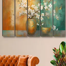 SAF Green & Orange 5 Pieces Flower Pot Synthetic Wood Floral and Botanical Wall Paintings-picture-20