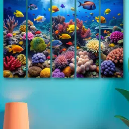SAF Blue & Green 5 Pieces Fish Ocean Synthetic Wood Wall Paintings-picture-13