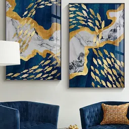 THE HANDMADE FLAIR Blue & Gold Toned 2 Pieces Abstract Wooden Paintings Wall Art-image-27