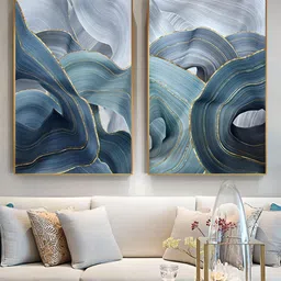 THE HANDMADE FLAIR 2 Pcs Blue & Gold-Toned Abstract Framed Painting Wall Art-image-54