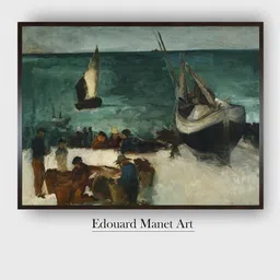 The Art House Green & Brown Fishing Boats and Fishermen Wooden Framed Painting Wall Art-picture-39