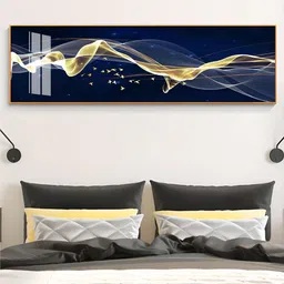 THE HANDMADE FLAIR Navy Blue & Gold Toned  Abstract Flowing Wide Format Wall Art-picture-13