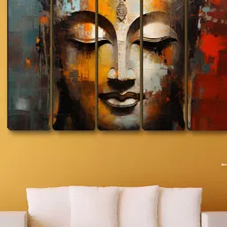 SAF Yellow & Red 5 Pieces Buddha Religious Synthetic Wood Wall Paintings-image-78