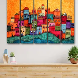 SAF Orange & Green 5 Pieces Vibrant Colorful Cityscape Synthetic Wood Wall Paintings image 2