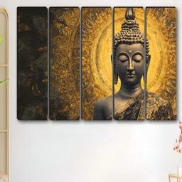 SAF Brown & Gold-Toned 5 Pieces Buddha Religious Synthetic Wood Wall Paintings image 4