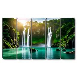 SAF Green & Blue 5 Pieces Waterfall Nature Synthetic Wood Wall Paintings image 5
