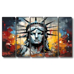 SAF Grey & Yellow 5 Pieces Horizontal Liberty Statue Synthetic Wood Wall Paintings image 5