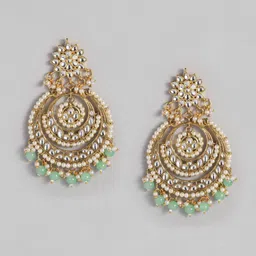 Peora Sea Green & White Gold Plated Crescent Shaped Indian Kundan Pearl Chandbalis image 3