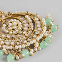 Peora Sea Green & White Gold Plated Crescent Shaped Indian Kundan Pearl Chandbalis image 4
