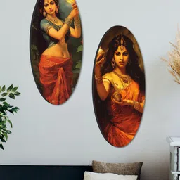SAF Green & Beige 2 Pieces Oval Shaped Traditional Woman Theme Wooden Wall Hangings-picture-12