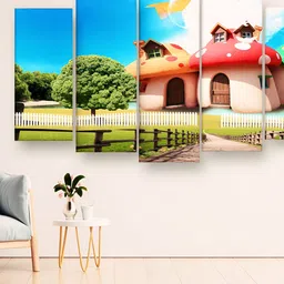 Casperme 5 Pieces Pink & Green House & Tree Wooden Painting Wall Art-image-59